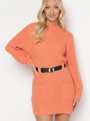 Zdjęcie produktu Pomarańczowa Dzianinowa Sukienka Mini w Prążki z Paskiem Milane