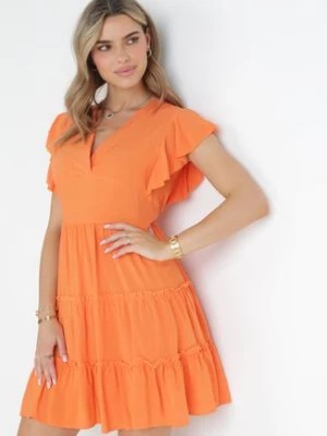 Zdjęcie produktu Pomarańczowa Gładka Sukienka Mini Taliowana z Falbankami Wokół Ramion Zynnas