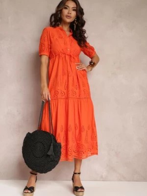 Zdjęcie produktu Pomarańczowa Haftowana Sukienka Bawełniana ze Ściągaczem w Talii Ineryna