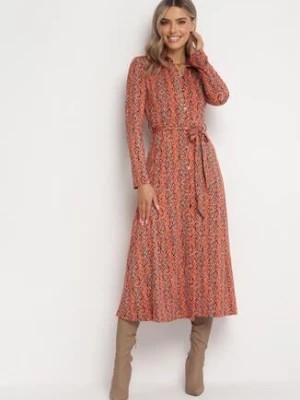 Zdjęcie produktu Pomarańczowa Koszulowa Sukienka Midi z Wiązanym Paskiem Loloriana