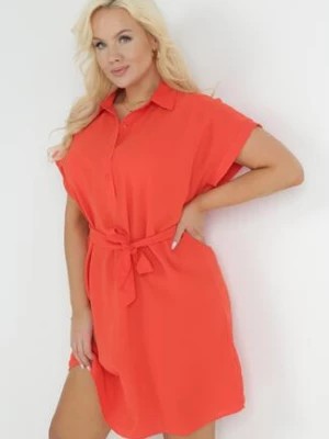 Zdjęcie produktu Pomarańczowa Koszulowa Sukienka z Krótkim Rękawem i Wiązaniem w Pasie Mistie