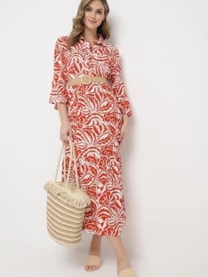 Zdjęcie produktu Pomarańczowo-Biała Rozkloszowana Sukienka Maxi z Falbanką i Botanicznym Wzorem Maticia