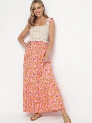 Zdjęcie produktu Pomarańczowa Rozkloszowana Sukienka Maxi z Szydełkową Górą Sertona