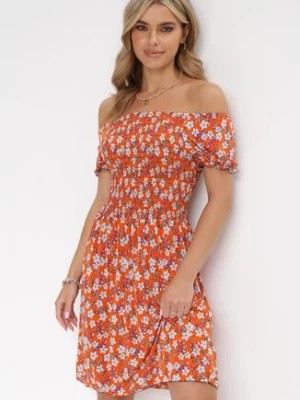 Zdjęcie produktu Pomarańczowa Rozkloszowana Sukienka Mini w Kwiatki z Gumkami w Talii Valria