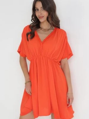 Zdjęcie produktu Pomarańczowa Rozkloszowana Sukienka Mini z Gumką w Pasie i Marszczeniami Enzlie