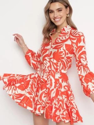 Zdjęcie produktu Pomarańczowa Rozkloszowana Sukienka Mini z Paskiem Zdobiona Abstrakcyjnym Wzorem Frelia