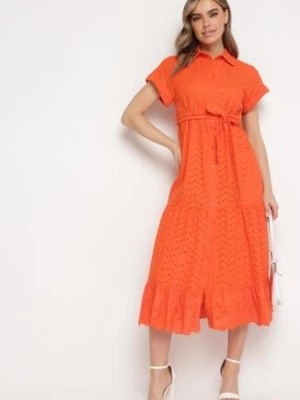 Zdjęcie produktu Pomarańczowa Sukienka Bawełniana z Ażurowym Wzorem i Wiązanym Paskiem Kelilena