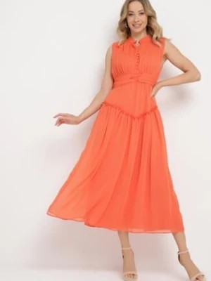 Zdjęcie produktu Pomarańczowa Sukienka Długa Rozkloszowana z Powlekanymi Guzikami Ingridesa