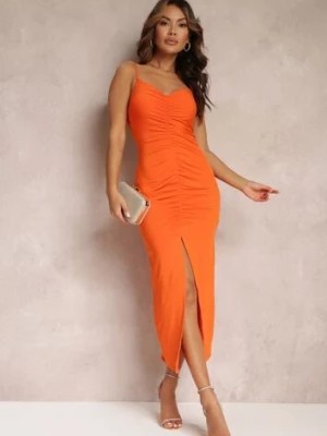 Zdjęcie produktu Pomarańczowa Sukienka Dopasowana z Wycięciem i Marszczeniem Viollette