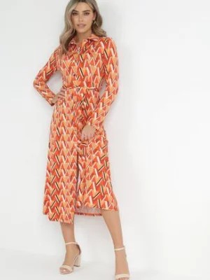 Zdjęcie produktu Pomarańczowa Sukienka Maxi z Wiązanym Paskiem i Geometrycznym Wzorem Annalea