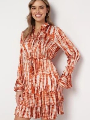 Zdjęcie produktu Pomarańczowa Sukienka Mini Ozdobiona Falbankami i Akwarelowym Wzorem Panava