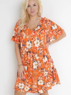 Zdjęcie produktu Pomarańczowa Sukienka Mini w Kwiatki z Krótkim Rękawem i Falbanką Anabetha