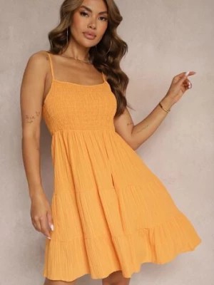 Zdjęcie produktu Pomarańczowa Sukienka o Rozkloszowanym Kroju na Ramiączkach z Gumkami w Pasie Ceridia