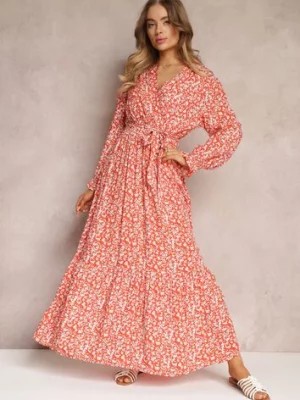 Zdjęcie produktu Pomarańczowa Sukienka w Kwiaty z Falbaną i Wiązanym Paskiem Zeralia