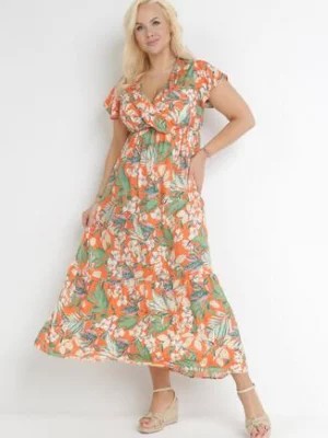 Zdjęcie produktu Pomarańczowa Sukienka w Kwiaty z Falbankami i Gumką w Pasie Galbasi