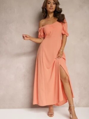 Zdjęcie produktu Pomarańczowa Sukienka Wieczorowa z Hiszpańskim Dekoltem i Rozcięciem Vikiya