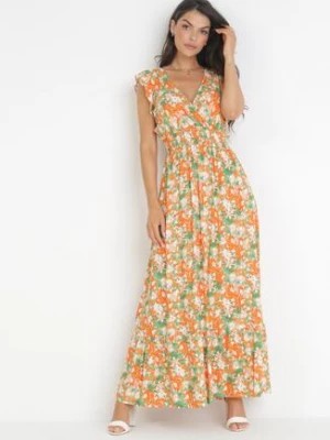 Zdjęcie produktu Pomarańczowa Sukienka Wiskozowa z Kopertowym Dekoltem i Gumką w Talii Holitte