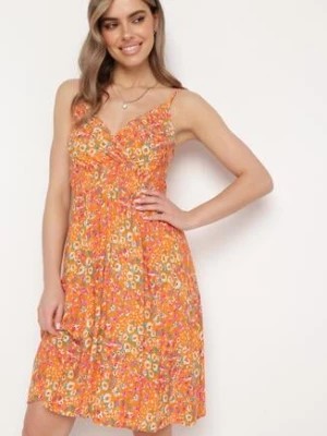 Zdjęcie produktu Pomarańczowa Sukienka z Wiskozy w Drobne Kwiatki z Regulowanymi Ramiączkami i Gumką w Talii Wiadina