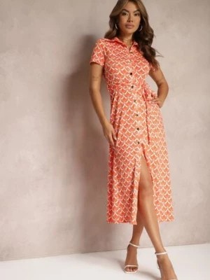 Zdjęcie produktu Pomarańczowa Taliowana Sukienka z Wiskozą o Kroju Koszulowym z Guzikami i Paskiem Cosofia