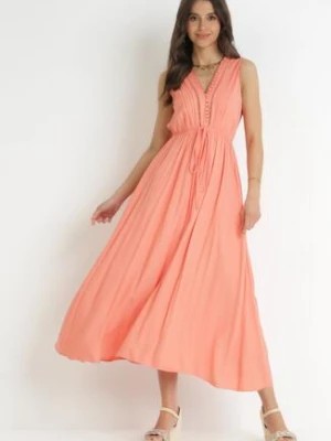Zdjęcie produktu Pomarańczowa Wiskozowa Sukienka Maxi z Gumką w Pasie i Ozdobnym Dekoltem Nashira