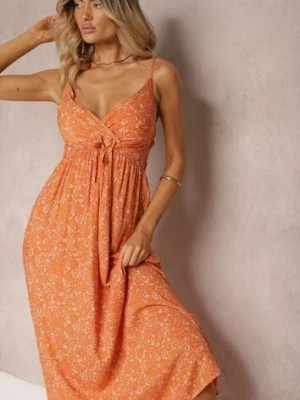 Zdjęcie produktu Pomarańczowa Wiskozowa Sukienka na Ramiączkach z Rozkloszowanym Dołem Irislynn