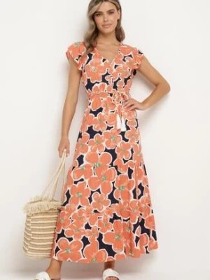 Zdjęcie produktu Pomarańczowa Wiskozowa Sukienka w Kwiaty z Gumką w Pasie z Ozdobnym Paskiem Vikellie