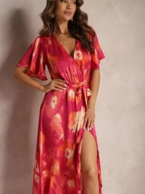 Zdjęcie produktu Fuksjowo-Pomarańczowa Kopertowa Sukienka z Gumką w Talii Wiązana Materiałowym Paskiem Vikisana