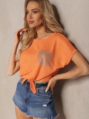 Zdjęcie produktu Pomarańczowy Casualowy T-shirt Ozdobiony Cyrkoniami i Wiązaniem Efika