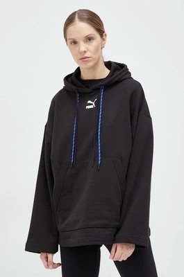 Zdjęcie produktu Puma bluza bawełniana damska kolor czarny z kapturem z nadrukiem