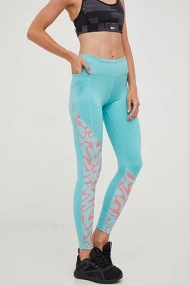 Zdjęcie produktu Reebok legginsy do biegania damskie kolor turkusowy z nadrukiem