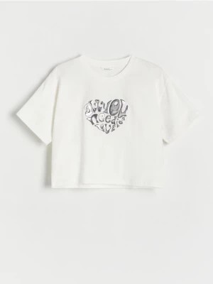 Zdjęcie produktu Reserved - Bawełniany t-shirt z aplikacją - złamana biel