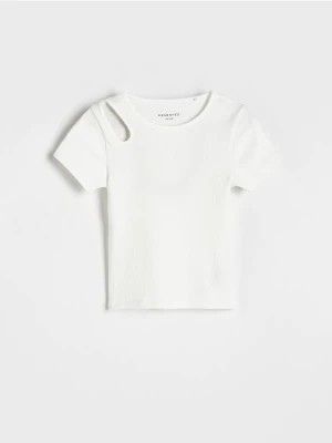 Zdjęcie produktu Reserved - T-shirt z ozdobnym wycięciem - złamana biel