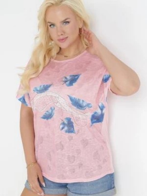 Zdjęcie produktu Różowa Bluzka z Cyrkoniami i Wzorem w Liście Myle