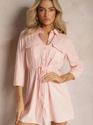 Zdjęcie produktu Różowa Dłuższa Koszula Ściągana w Pasie z Wiskozy i Kieszeniami Genessa