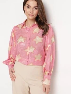 Zdjęcie produktu Różowa Koszula z Prześwitującego Materiału w Gwiazdki z Bufiastymi Rękawami Aspadi