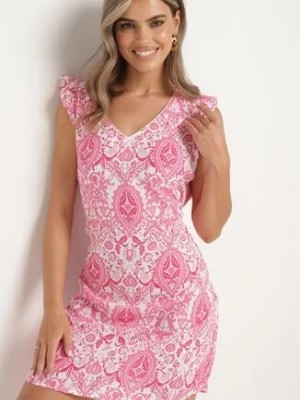 Zdjęcie produktu Różowa Kwiecista Sukienka Mini z Materiałowym Paskiem i Falbankami Caidin