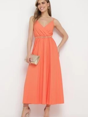 Zdjęcie produktu Pomarańczowa Rozkloszowana Sukienka Długa z Kopertowym Dekoltem na Ramiączkach Asmerria