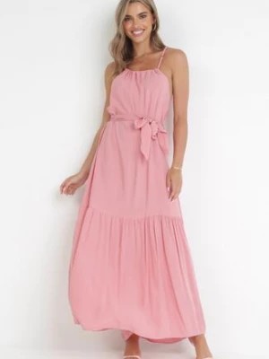 Zdjęcie produktu Różowa Rozkloszowana Sukienka Maxi na Ramiączkach Awlia