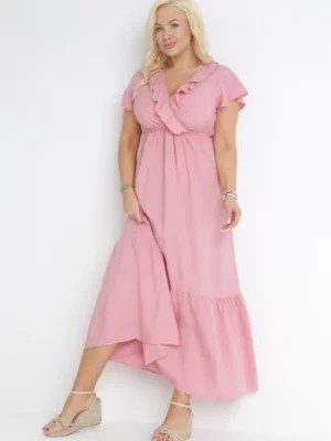 Zdjęcie produktu Różowa Rozkloszowana Sukienka Maxi z Gumką w Pasie z Falbankami Aimelia