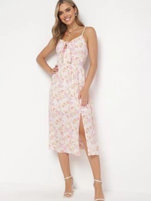 Zdjęcie produktu Różowa Rozkloszowana Sukienka Midi z Kokardą Wiązaną na Dekolcie Moracyn
