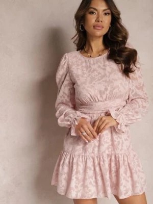 Zdjęcie produktu Różowa Rozkloszowana Sukienka Mini z Tkaniny Plumeti Marsane
