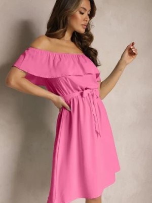 Zdjęcie produktu Różowa Rozkloszowana Sukienka o Fasonie Hiszpanki z Paskiem w Talii Koralice