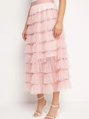 Zdjęcie produktu Różowa Spódnica Maxi o Rozkloszowanym Fasonie Ozdobiona Falbankami i Cekinami Meepa