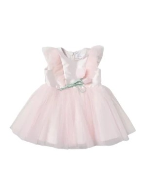 Zdjęcie produktu Różowa Sukienka Bez Rękawów z Plisowaną Siateczką i Kwiatową Aplikacją Monnalisa