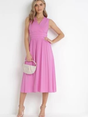 Zdjęcie produktu Różowa Sukienka Midi Bez Rękawów z Plisowanym Dołem Dreana