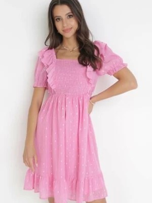 Zdjęcie produktu Różowa Sukienka Mini z Falbankami przy Rękawach i Gumką w Pasie Nevitta