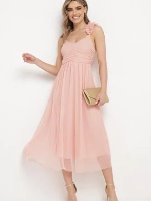Zdjęcie produktu Różowa Sukienka na Ramiączkach z Gumką w Talii i Falbanką Watalia