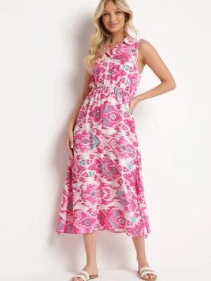 Zdjęcie produktu Różowa Sukienka Rozkloszowana z Klapami przy Dekolcie w Abstrakcyjny Wzór Elebia