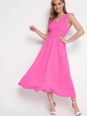Zdjęcie produktu Różowa Sukienka z Kopertowym Dekoltem na Cienkich Ramiączkach Rozkloszowana Lantia