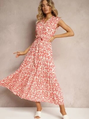 Zdjęcie produktu Różowa Sukienka z Wiskozy Zapinana na Guziki z Materiałowym Paskiem i Gumką w Pasie Isolia